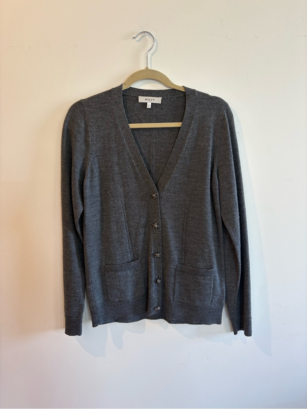 Milly Charcoal Gray V-Neck Button Front Cardigan